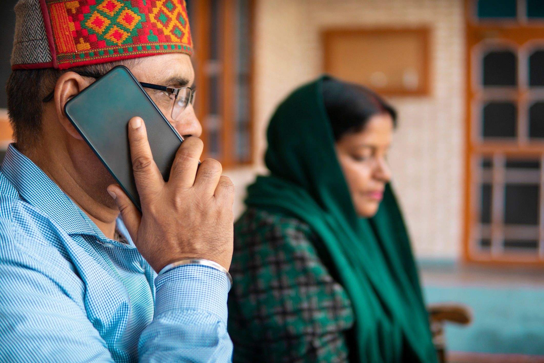 Patient using phone for support